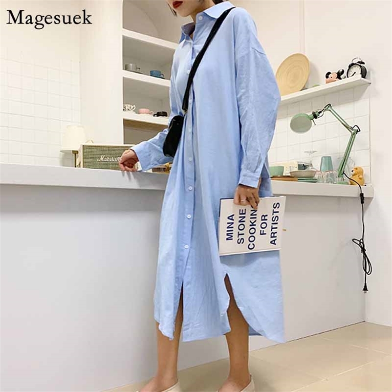 

Summer Cotton Women Blouses Plus Size Ladies Tops Linen Casual White/Blue Long Section Shirts 6793 210518