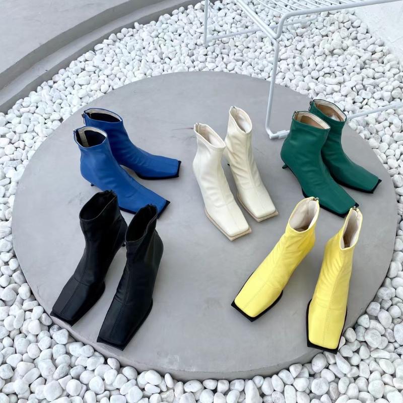 

Boots Fashion Women Square Toe Ankle Colorful Thin High Heels Green/Blue/Black/Yellow/Beige Winter Quality