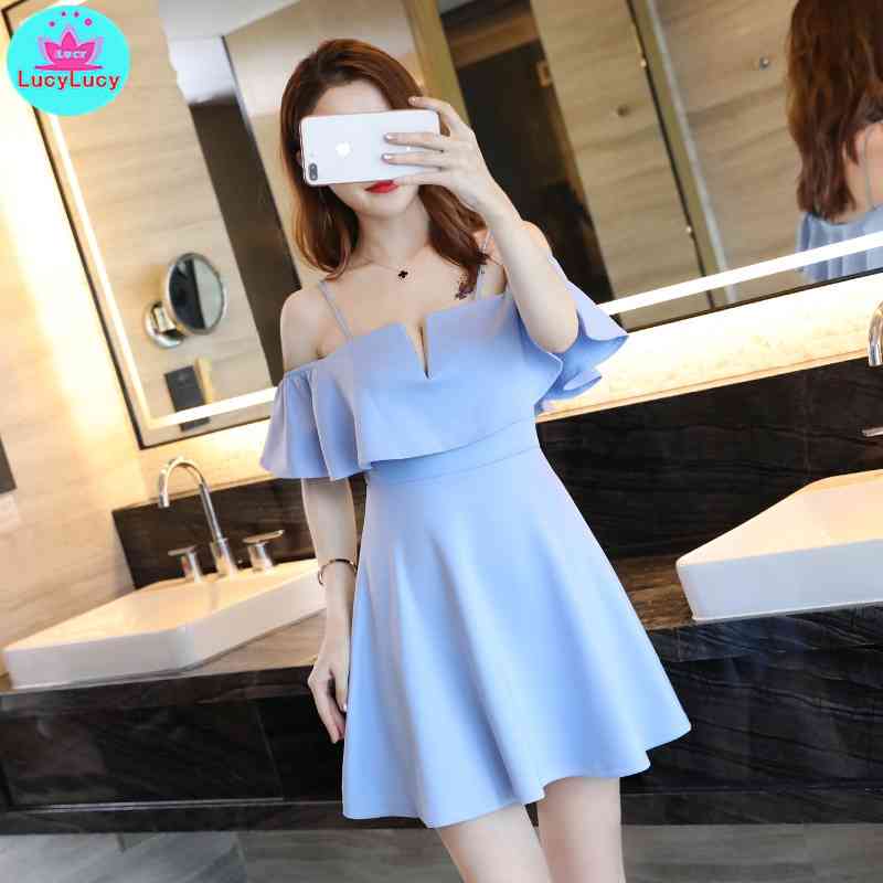 

summer sexy ruffled low-cut big swing sling bar heart machine female cover belly short dress Butterfly Sleeve 210603, White