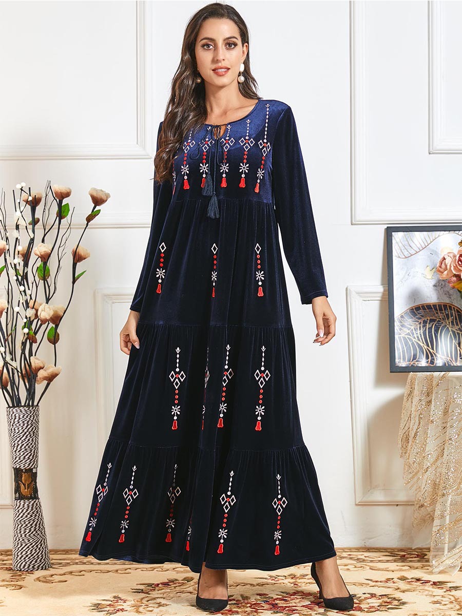 

Dubai Winter Muslim Veet Abaya Dress Women Moroccan Kaftan Print A-line Hijab Vestidos Maxi Turkey Prayer Islamic Clothing