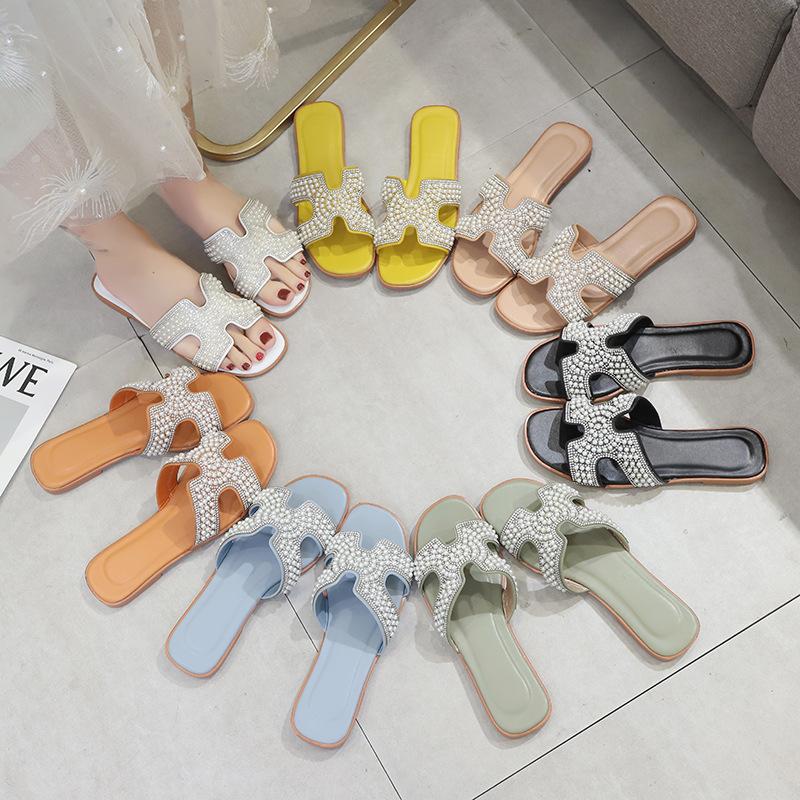 

Slippers 2021 Summer Fashion Flat Pearl Women All-Match Beach Shoes, White