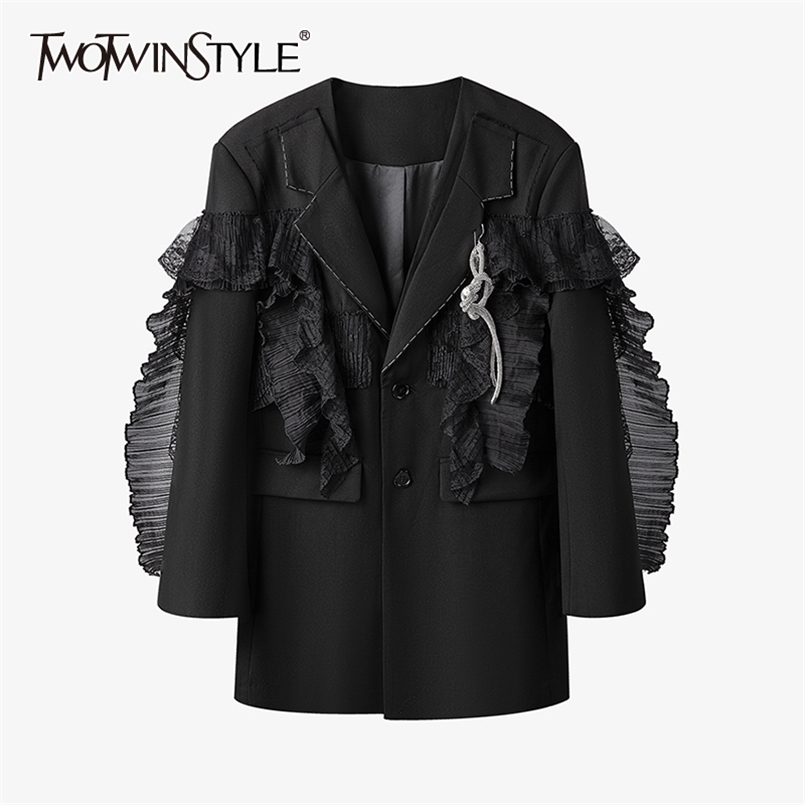 

Casual Patchwork Lace Blazer Female Notched Long Sleeve Black Blazers Fashion Clothing Spring Stylish 210524
