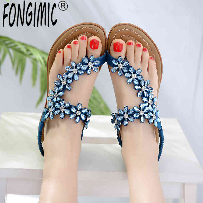 

Women Sandals Summer Bohemia Beach Cross Border Bohemian Flower Water Drill Comfortable Large Size Flat Sho, Apricot