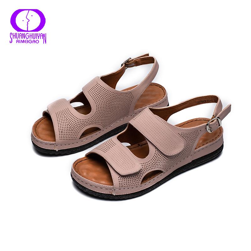 

Dress Shoes AMEGOO 2021 Elegant Pink Hollow Out Sandals Women Summer Casual Ankle Strap Thick Heel Female Hook & Loop PU Shoe Lady, Black