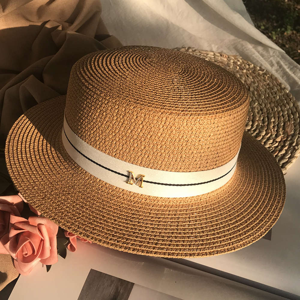 

Sun hat French romc straw flat top  letter white women's British sunscreen seaside holiday sunshade hat fashion, Blue;gray