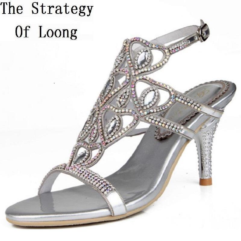 

Gold Silver Red Black Thin High Heels Crystal Genuine Leather Lady Sandals Women Open The Toe Buckle Summer Shoes 20210713