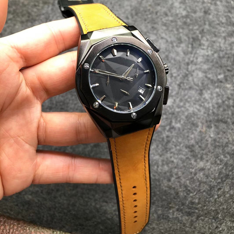 

4-5Mens gold watches leather strap screw embedded in rubber case design business models sports luxury fashion brand quartz chronograph, No watch