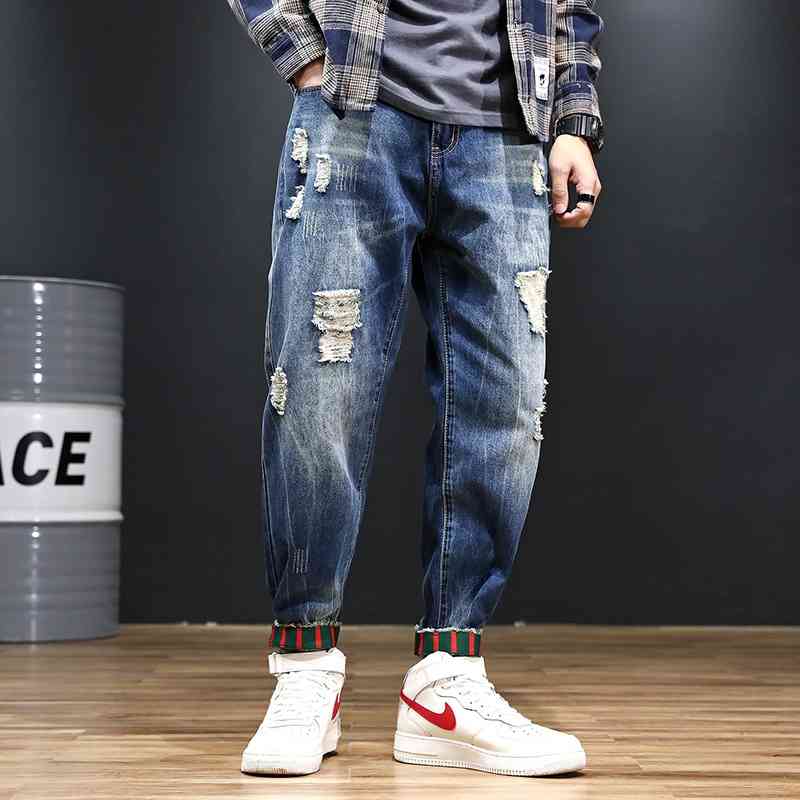 2019 spring and autumn new large 9-point Harem Pants men&#039;s fashion brand hole binding loose washed jeans-image-703967446