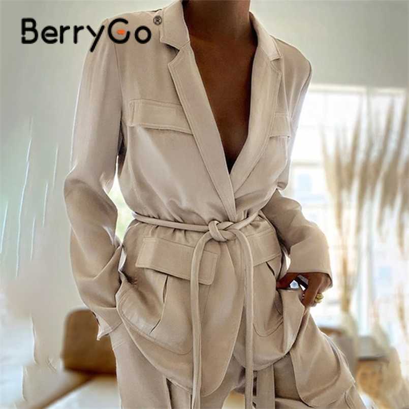

BerryGo Elegant blazer suit office lady Elastic waist v-neck long sleeves two piece sets Female pocket solid pant suit 211109, Champagne