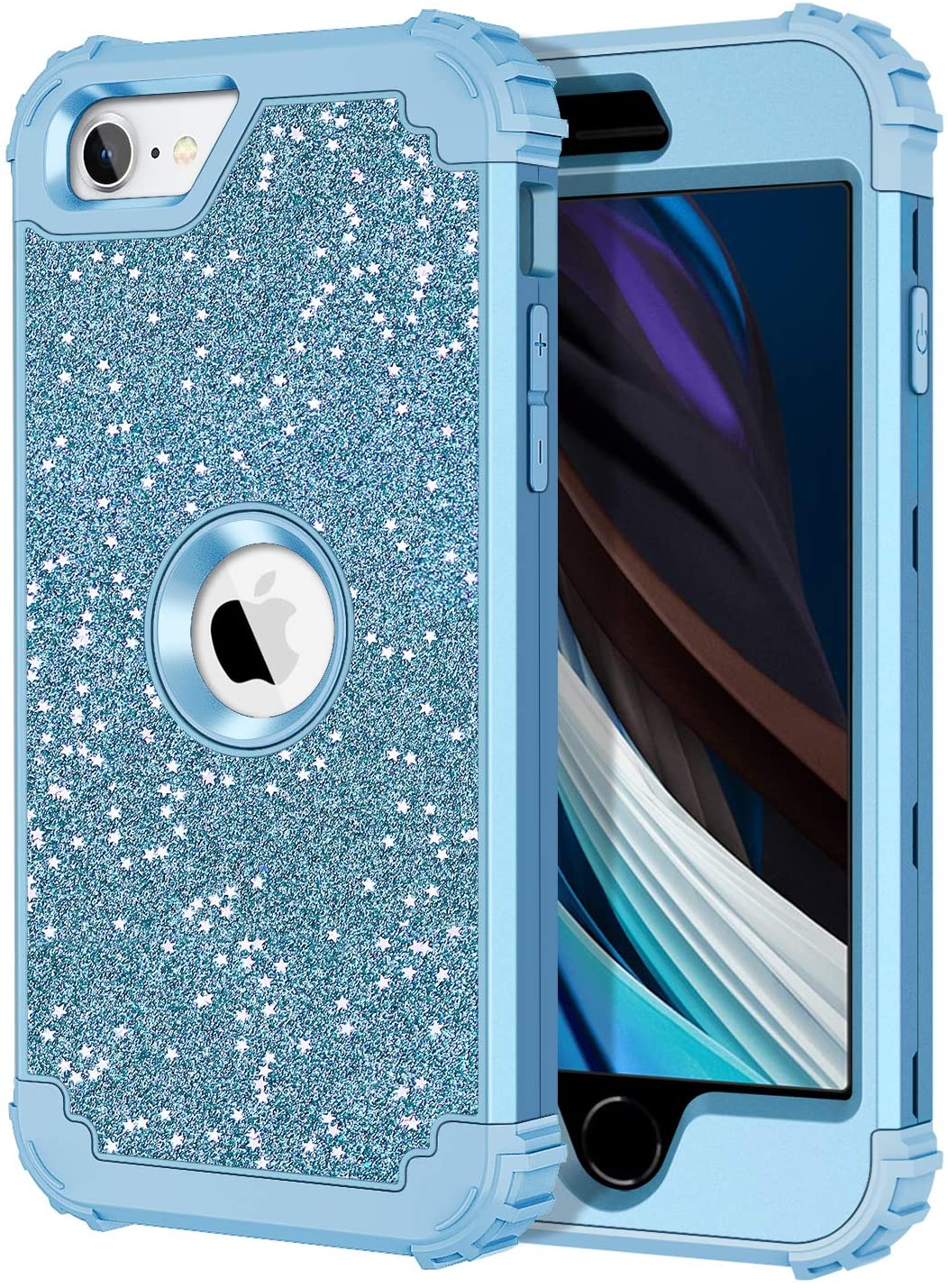 

Glitter Blue Case for iPhone SE 2020 Heavy Duty Shockproof Protection Hard Plastic+Silicone Rubber Hybrid Protective Cover