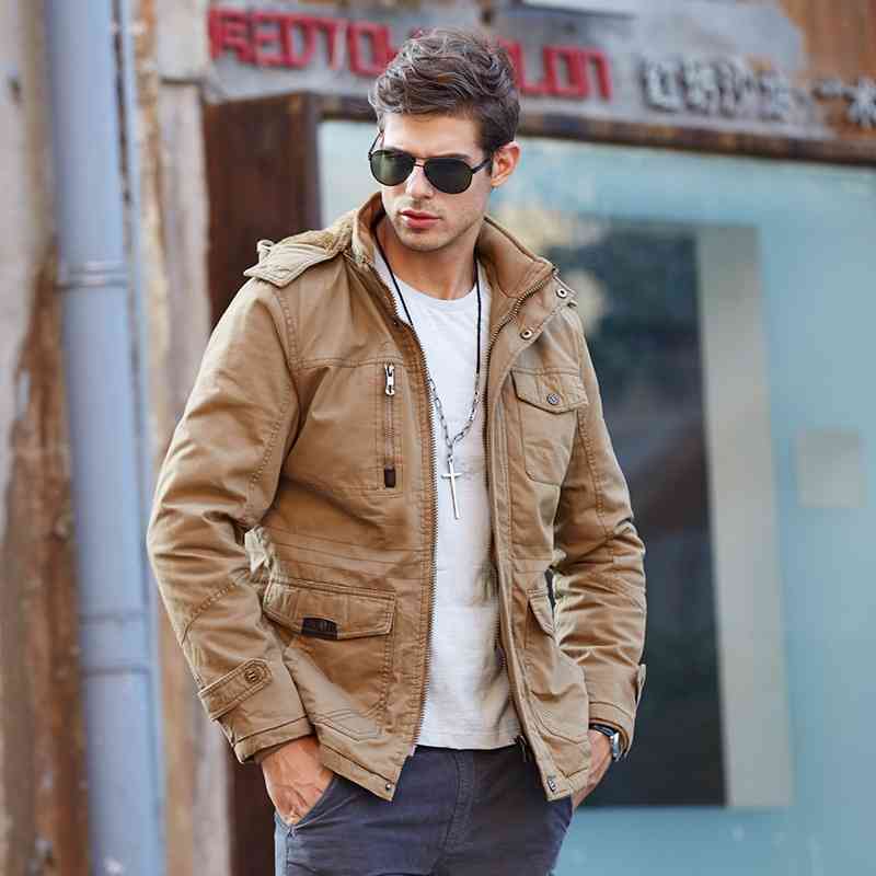 

Large plush thickened detachable hat jacket men's coat fashion, Khaki