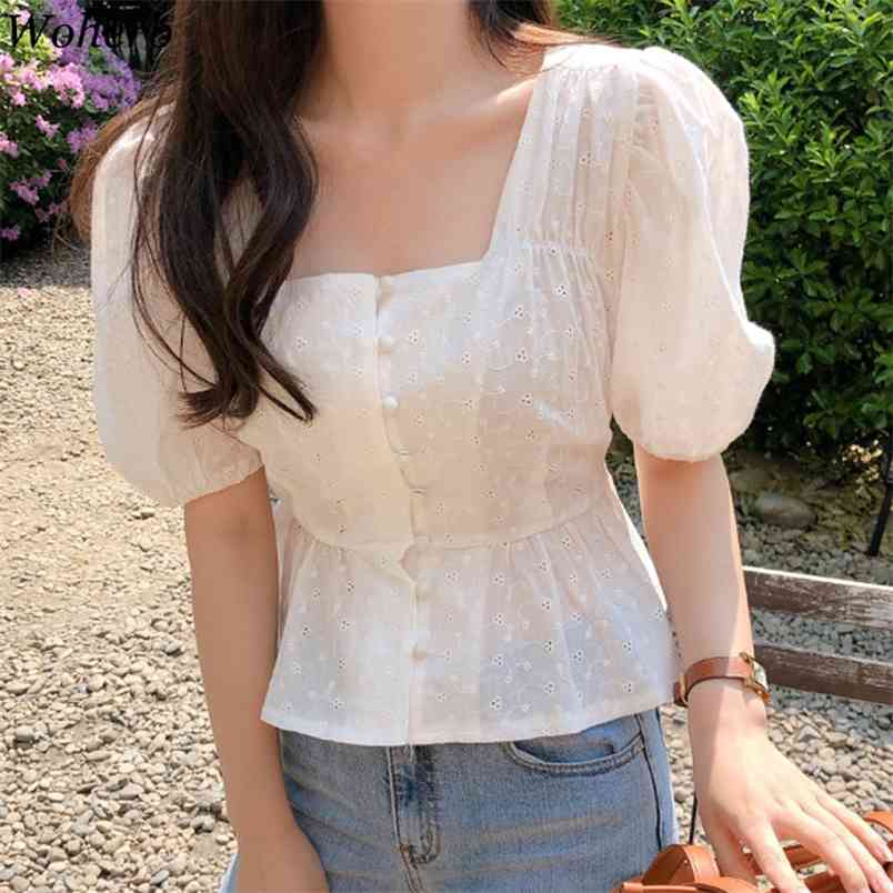 

Blouses Women Puff Sleeve Square Collar Shirts Summer Vintage Blusas Mujer Elegant Slim Fashion Sweet White Lace Tops 210519
