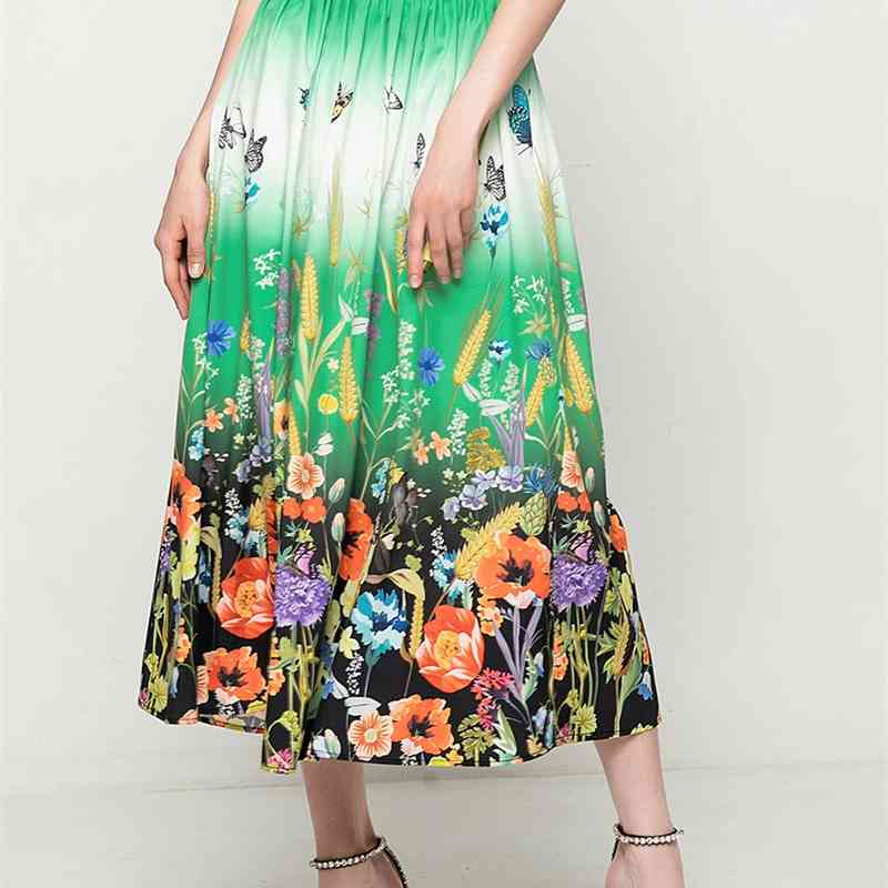 

Truevoker European High Quality Skirt Women Green Butterfly Flower Print Midi Holiday 210602, Top only