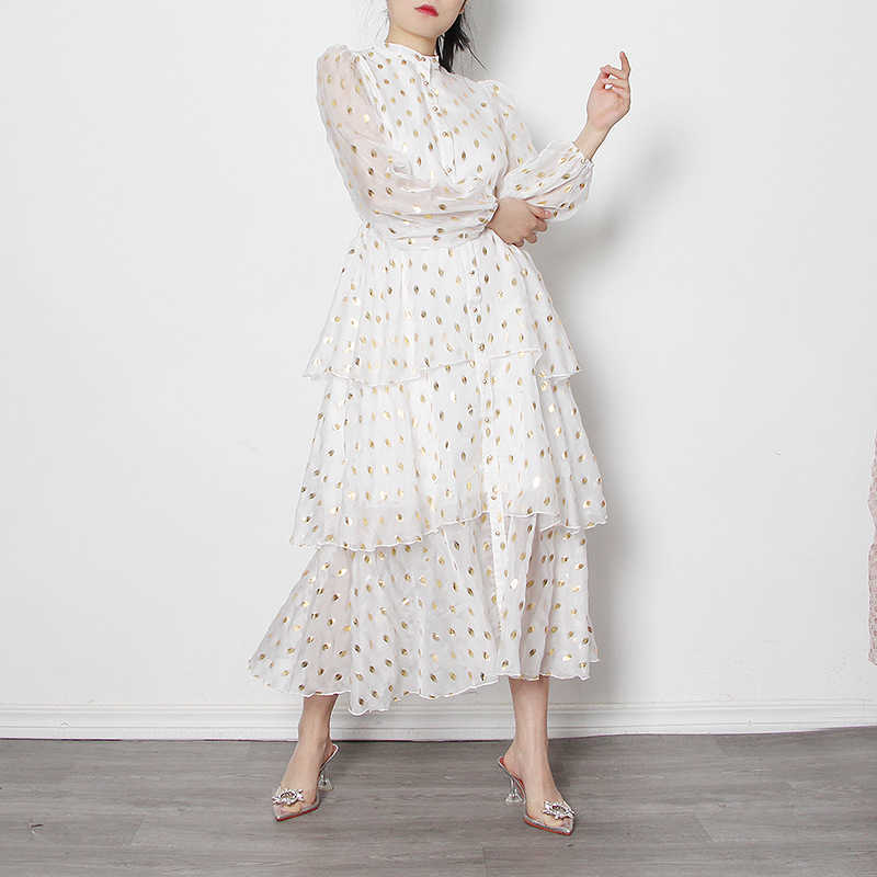 

Spring Summer Long Puff Sleeve Stand Collar Femme Robe Elastic Waist Women Dress Korean Fashion Ruffles Vestido 13A133 210525