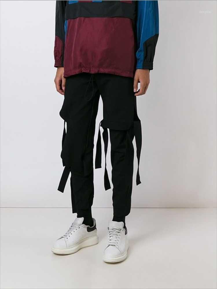 

Men' Pants Casual Motorcycle Spring And Autumn Black Multi-Ribbon Splicing Personality Design Slim Sports