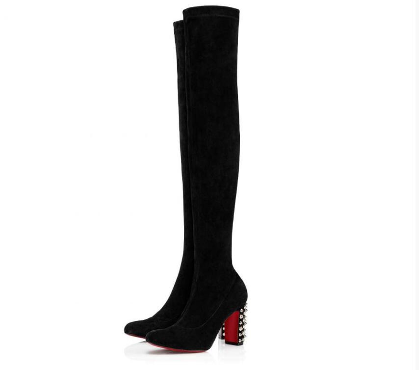 

Winter Fashion Study Tall Boots Elegant Brands Red Bottom Boot Women Black Stretch Leather High Heels Lady Long Knee Booty Ladies ashion Booties