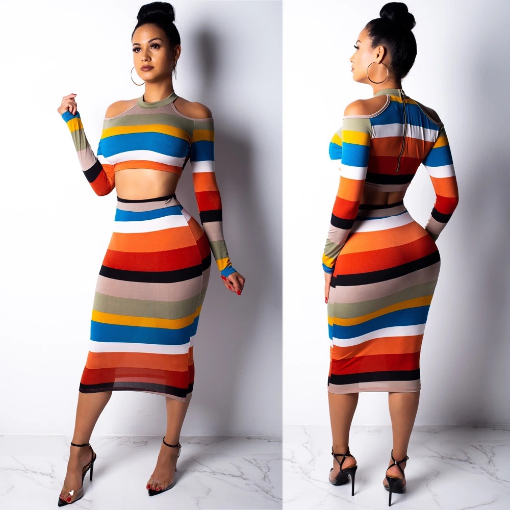 

Two Piece Set Pencil Dress Women Crop Top Sexy Off Shoulder Slim Bodycon Nigthclub Long Sleeve 2 Outfits, Orange