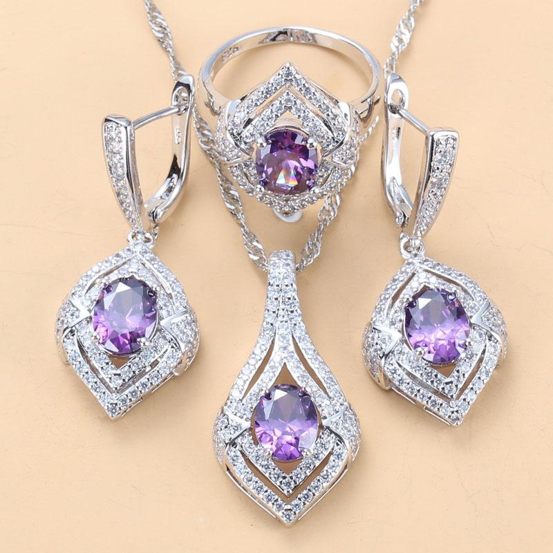 

Earrings & Necklace Bridal Jewelry Sets Fashion Young Women Wedding Accessories Purple Crystal CZ Dangle Earring Ring, As pic