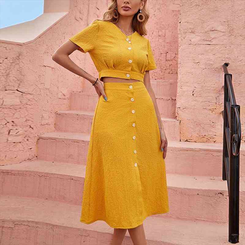 

women yellow suit with a-line skirt short sleeve cropped high waist buttons 2 piece female elegant casual summer, Gray