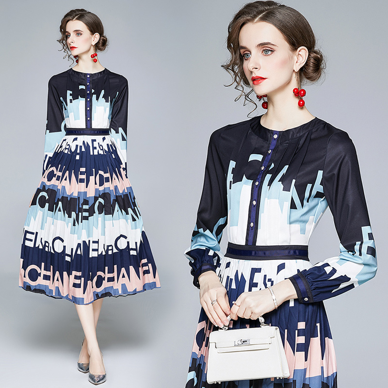 

2021 Designer Letter Printed Shirt Dress Runway Fashion Long Sleeve Mock Neck Holiday Prom Office Ladies A-Line Pleated Dresses Autumn Winte, Black;gray