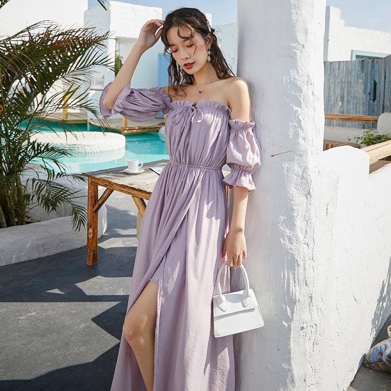 

#3993 Summer Vintage Beach Dress Women Short Sleeves Sexy Slash Neck Ruffles Off Shoulder Pleated A-line Ladies Dresses Split Casual, Lavender