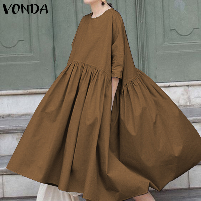 

Women Spring Autumn Dress Vintage Solid Bohemian Long Dress VONDA 3/4 Sleeve Holiday Party Pleated Vestidos Plus Size Sundress, Black