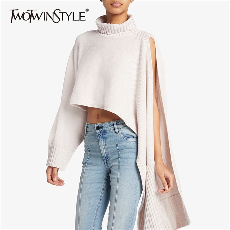 

Loose Asymmetrical Knitted Tops For Women Turtleneck Long Sleeve Split Casual Sweaters Female Fashion Spring 210524, Apricot