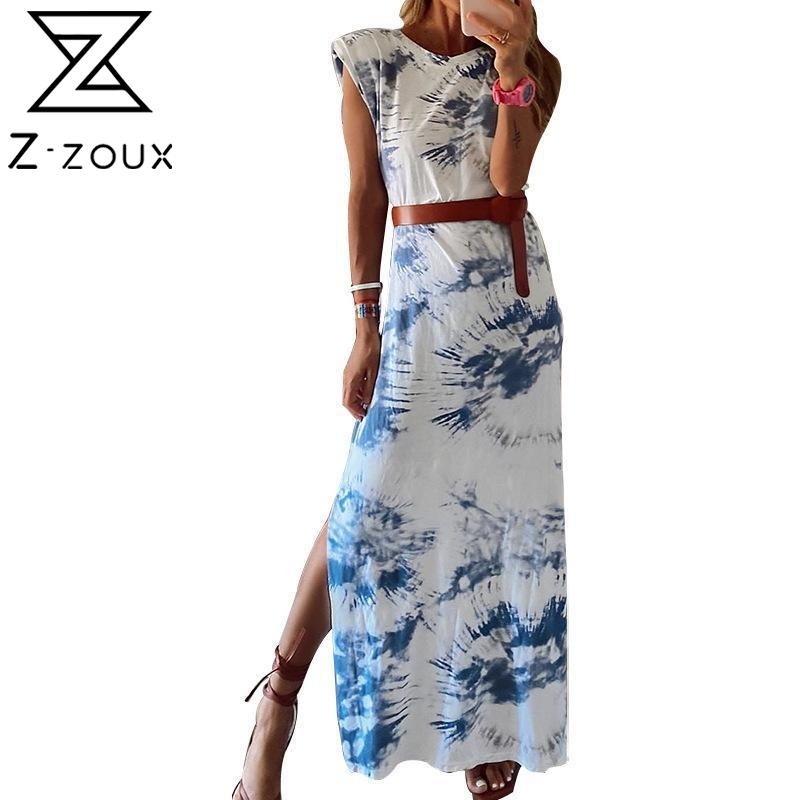 

Women Dress Sleeveless Printed Maxi es Split Loose Long Bohemian Fashion Print Summer es Arrival 210524, Blue