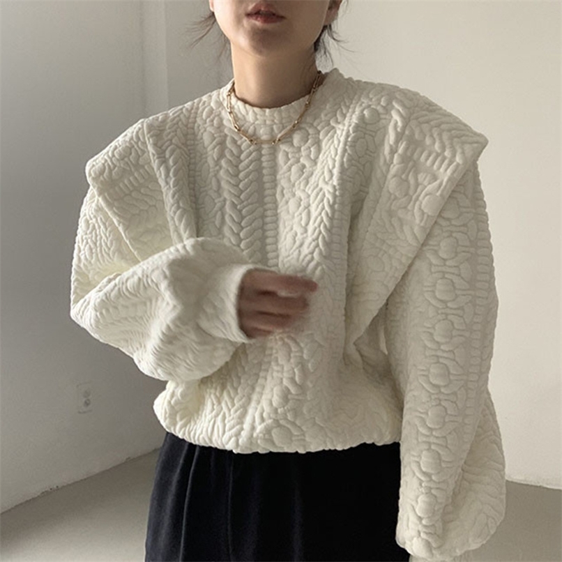 

[EWQ] Korea Autumn sweatshirt female O Neck Loose Splicing Fake 2 piece Pullover Long Sleeve Black clothing Warm top winter 211109, Apricot