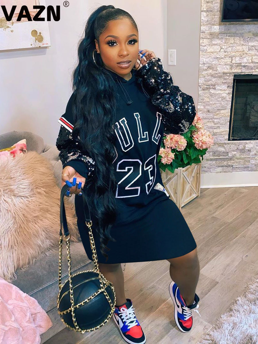 

VAZN 2021 Hot Popular Plus Size Black Heavy Industry Sequined High Quality Daily Hooded Full Sleeve Women Straight Midi Dress