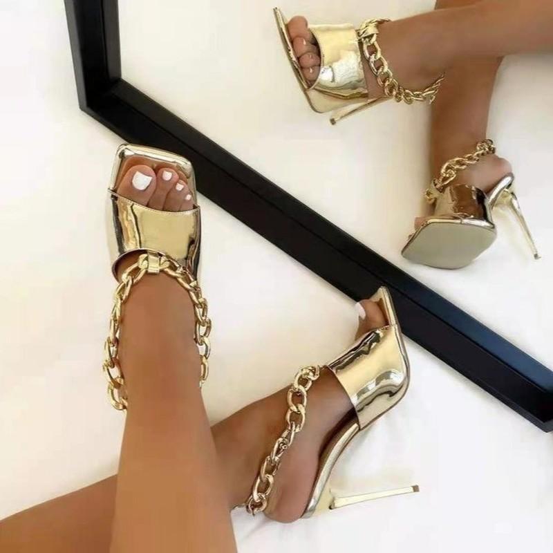 

Sandals Style Ladies Ankle Strap High Heels Stiletto Temperament Party Leather Shoes Women Large Size, Gold