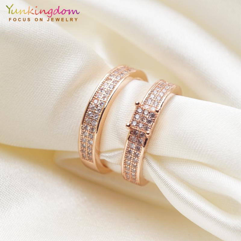 

wedding rings yunkingdom anillos rose gold color cubic zirconia crystal for women & men engagement jewelry couple set 2pcs/ lot, Slivery;golden