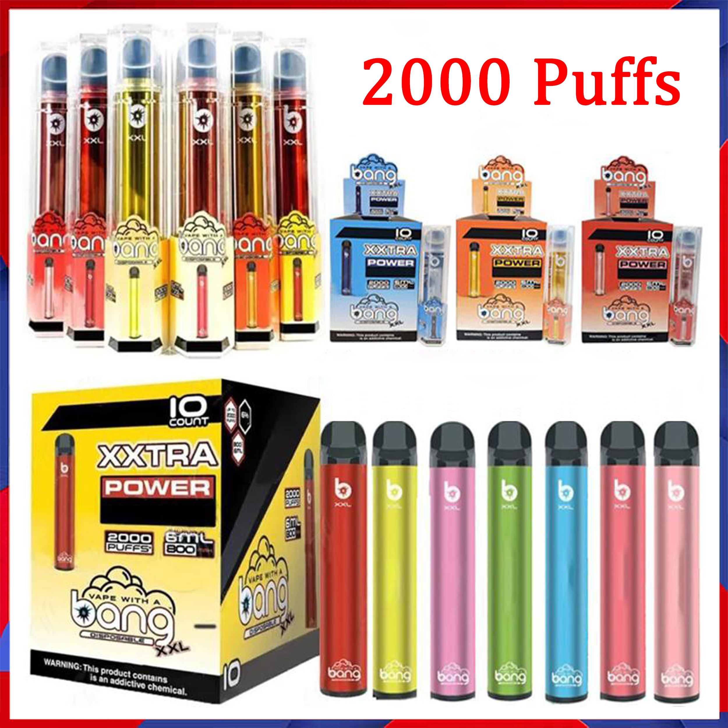 

Newest Bang XXL Disposable Cigarette Device 800mAh Power Battery Pre-filled 6ml Pod 2000 Puffs XXtra Kits Vape Pen 20 Colors