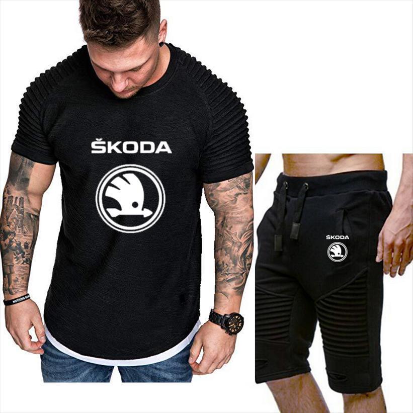 

summer short sleeve skoda car men tracksuit printing fashion t shirt round neck casua cotton shorts 2 piece suit, Gray