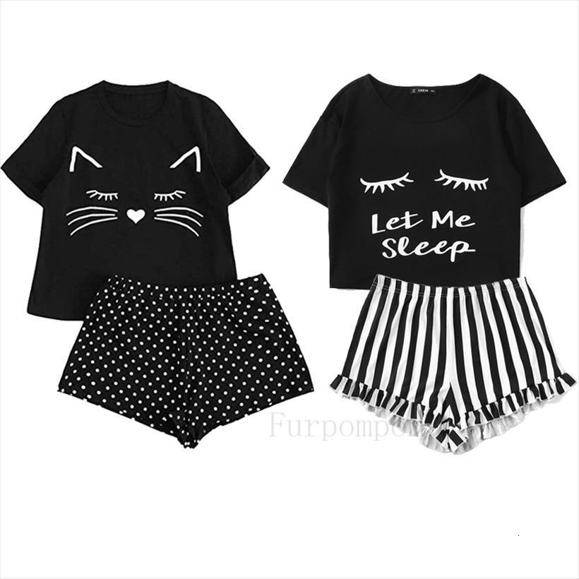 

cute cat cartoon print short women sleepwear set pajamas summer pajama sweet sleeve t shirts shorts pijama, Black;red
