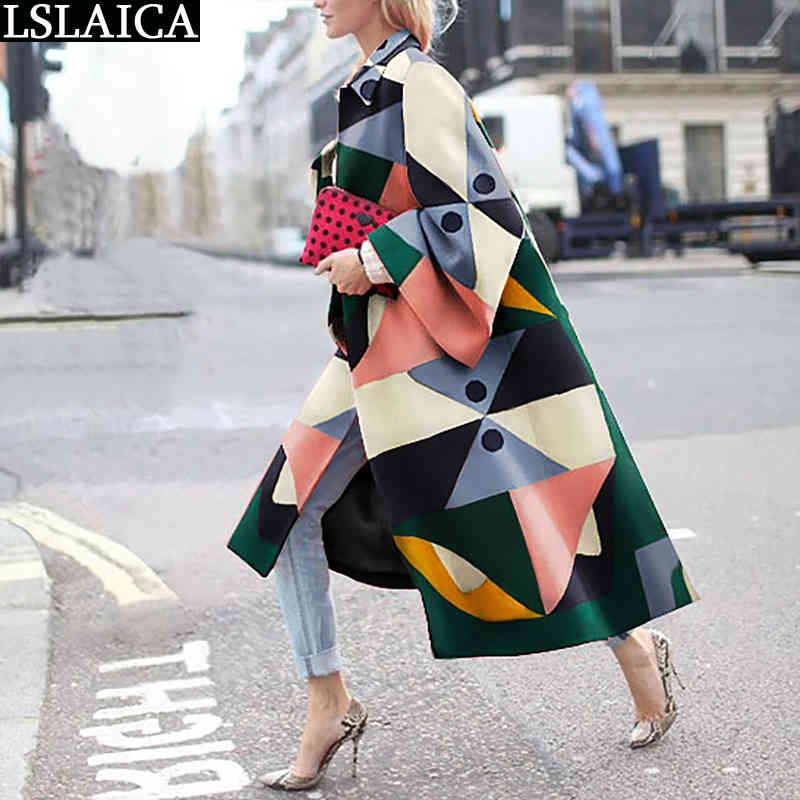 

Casual Lapel Trench Coat For Women Autumn Winter Fashion Print Loose Warm Long Plus Size High Street Style Ladies Overcoats 210520, Pink
