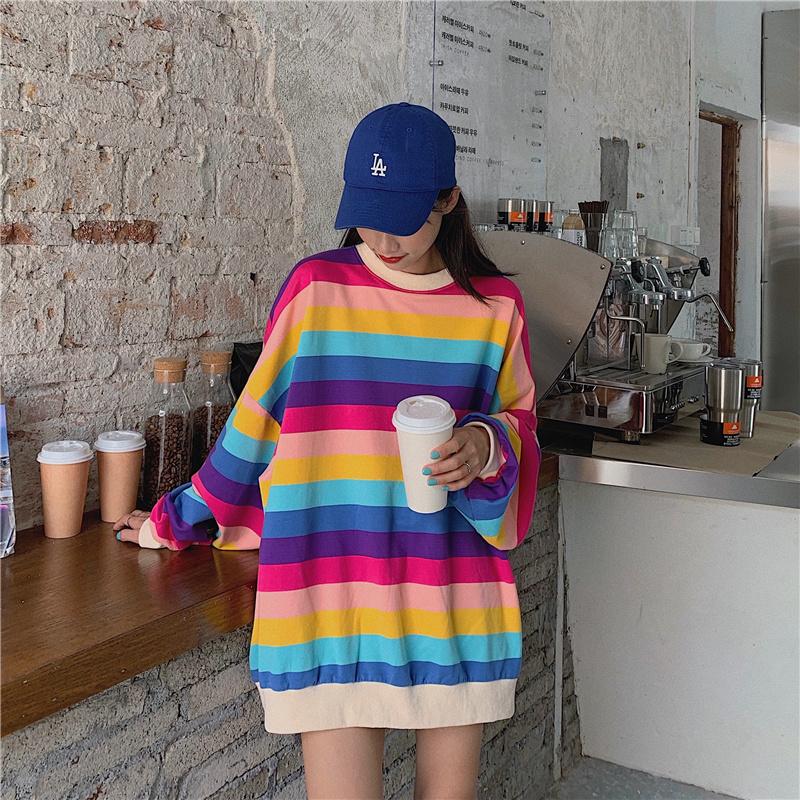

Women's Hoodies & Sweatshirts Plu Big Size 2021 Women Loose Colorful Stripes Casual Sweater W1085, The picture color