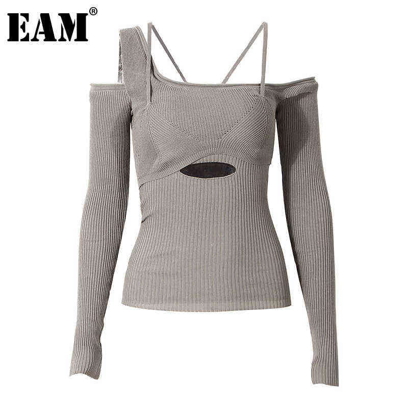 

[EAM] Hollow Out Gray Knitting Sweater Loose Fit Slash Neck Long Sleeve Women Pullovers New Fashion Autumn Winter 2021 1DD2267 Y1110, Black