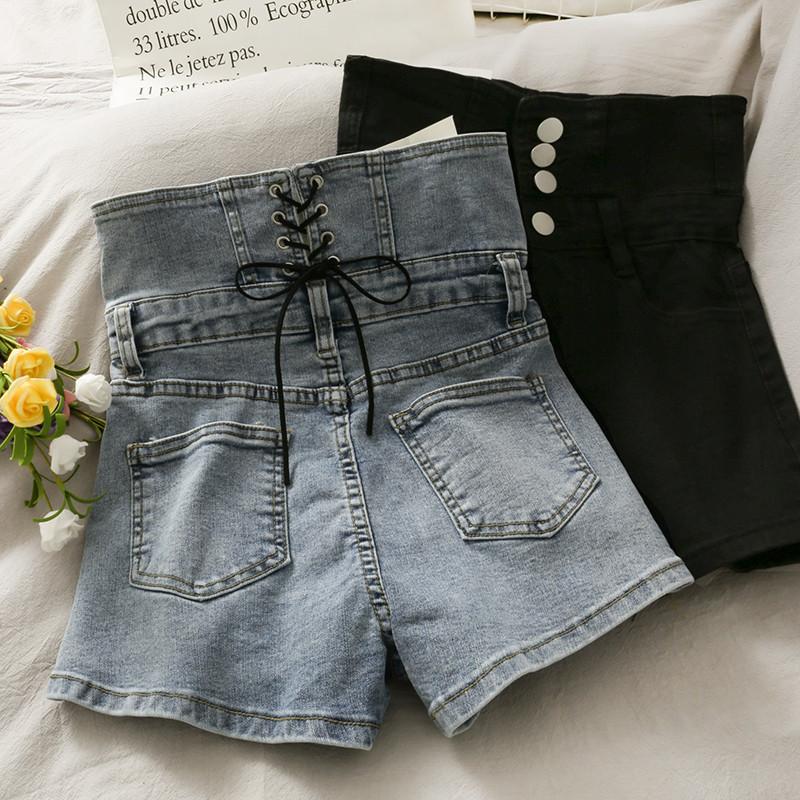 

Women' Shorts Tie Bow Denim 2021 Summer Autumn Women High Waist Single-breasted Jeans Ladies A-Line Wide Legged Casual, Black
