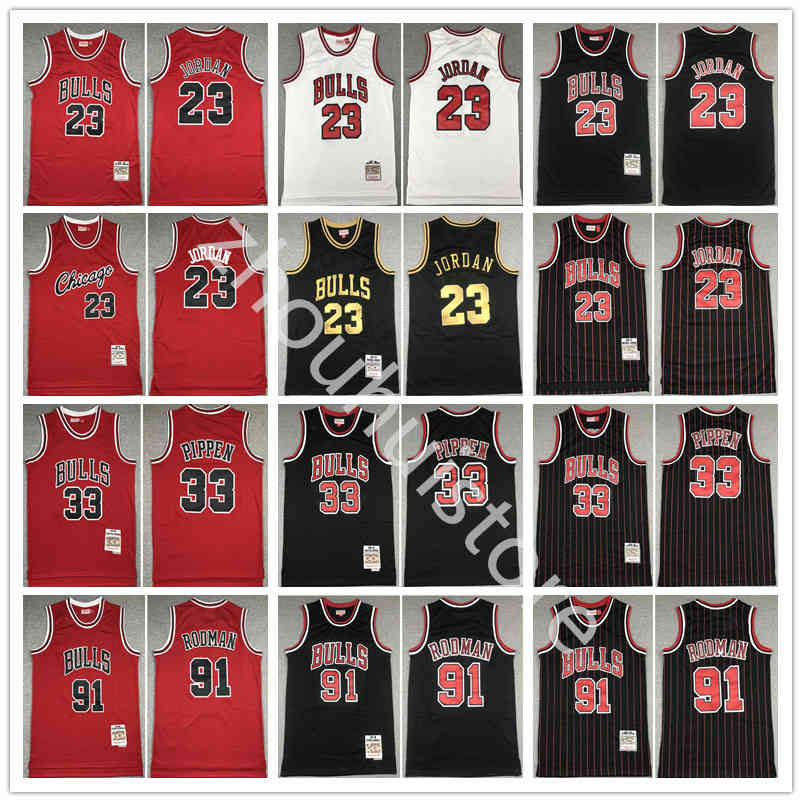 

Fast delivery Mitchell Ness Basketball Scottie Pippen Jersey 33 Dennis Rodman 91 Michael 23 Breathable Team Red White Stripe Black Throwback, Black;red
