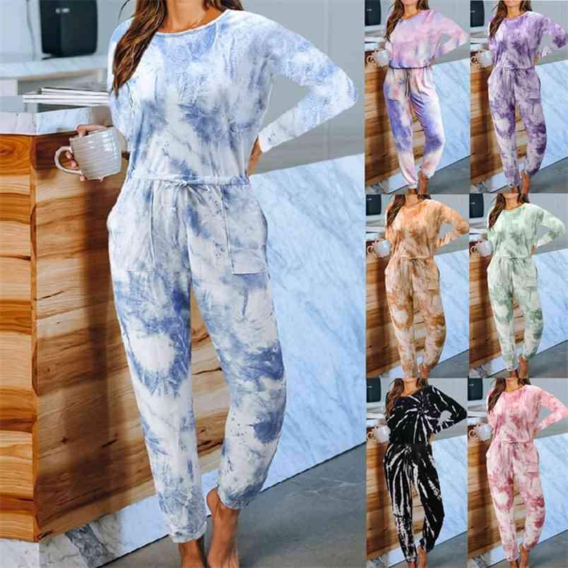 

Women Set Tie Dye Long Sleeve O-neck Tshirt Tops And Pants Tracksuit Two Piece Casual Outfit Lounge Wear 210517, Lake water blue