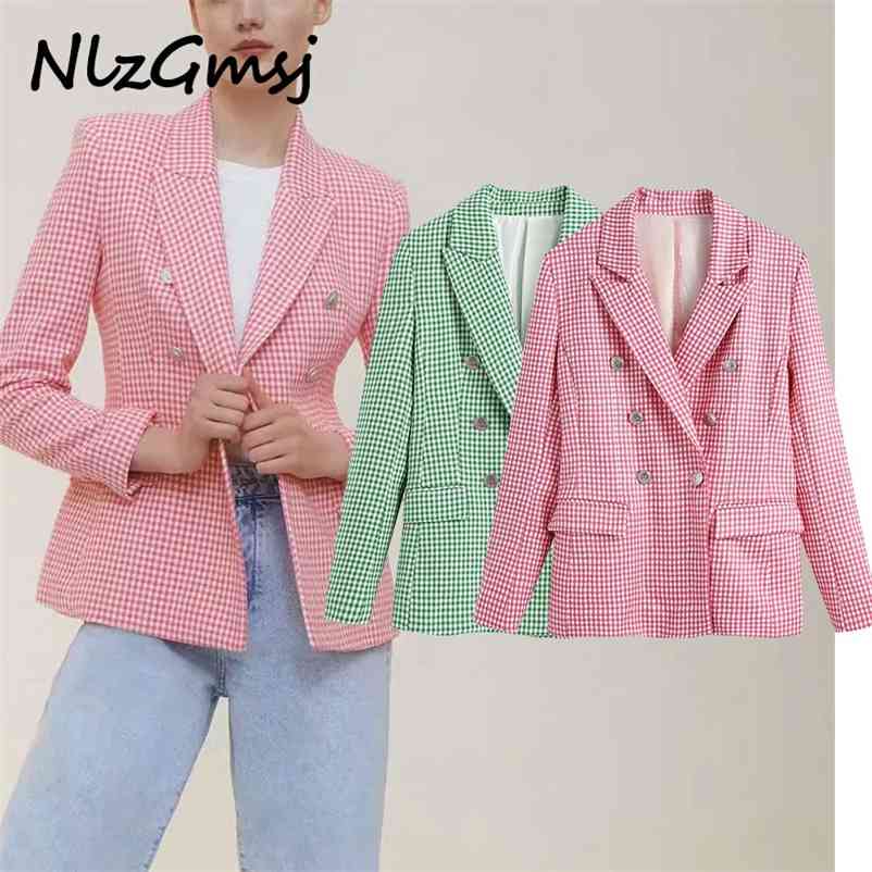 

Hounstooth Green Blazer Elegant Notched Spring Jackets Office Lady Double Breasted Suits Ladies 05 210628, As picture