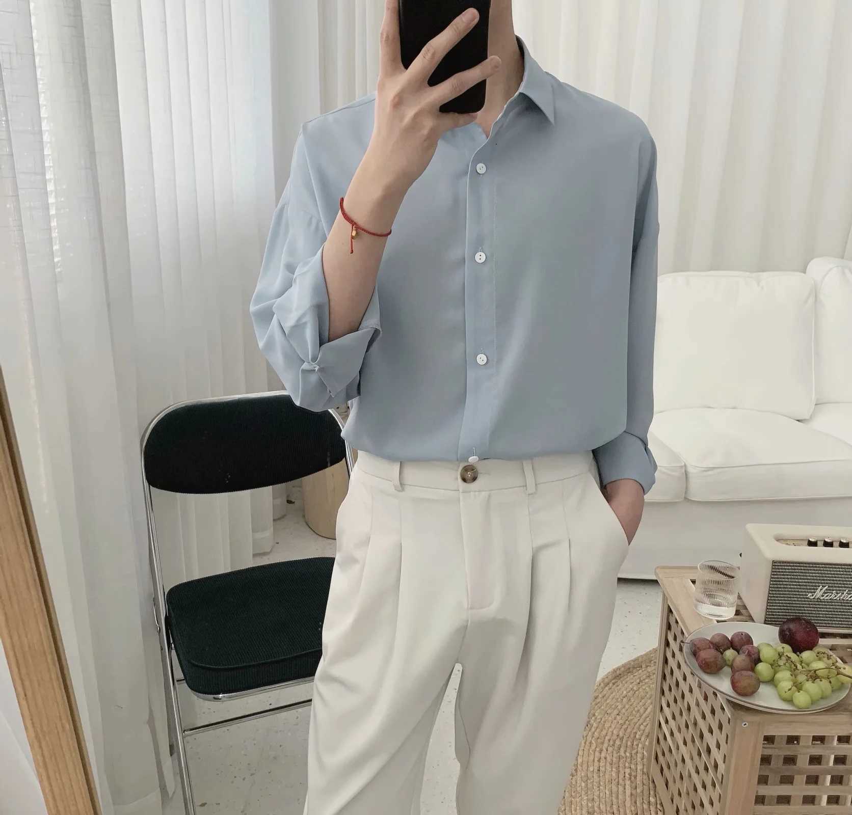 

Men's Blue Simple Style Shirt Korean Long Sleeve Trendy Loose Spring Autumn Classic Lazy Camisa Masculina 210721, Light blue