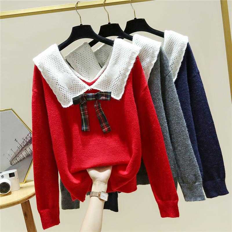 

High Quality V-NECK autumn winter oversized Sweater Pullover Women big size bow Knitted Sweater casual Female Sweater lazy 210604, Navy blue