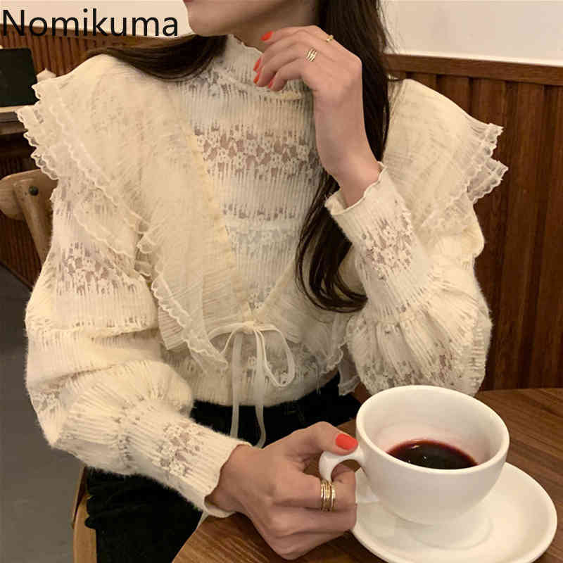 Nomikuma Women Lace Shirt Ruffle Patchwork Bow Tie Elegant Korean Blouses Spring Half Turtleneck Long Sleeve Blusas 6F462 210427