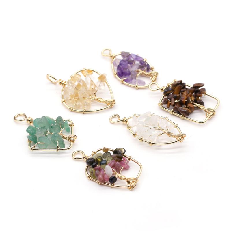 

Charms Tree Of Life Necklace Natural Gravel Stone Pendant Gold Color Wire Wrap Gem Pink Quartz Tiger Eye Jades Gift For Women, Bronze;silver