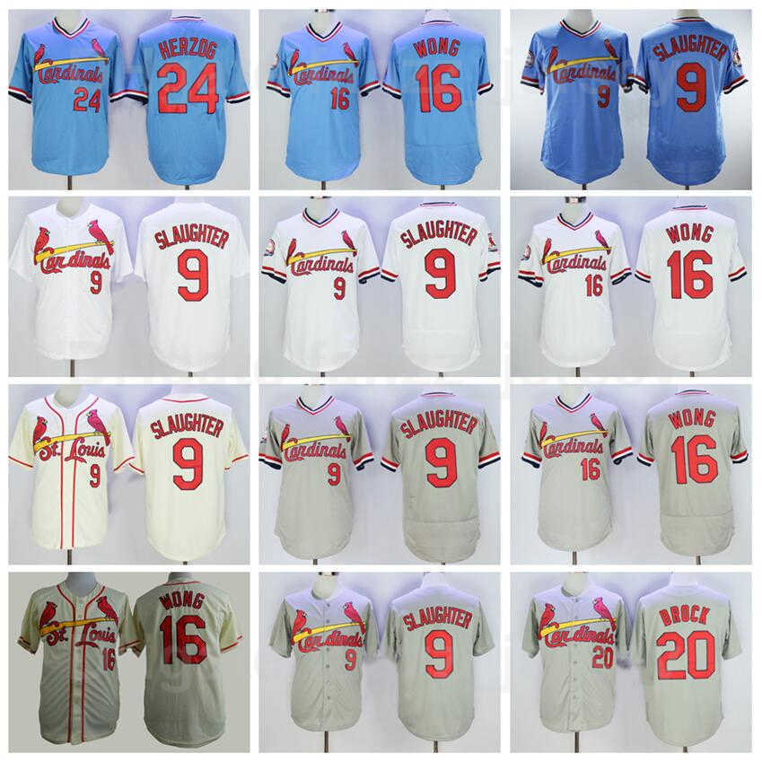 1985 Vintage Baseball 9 Enos Slaughter Retro Jersey 16 Kolten Wong 20 Lou Brock 24 Whitey Herzog Pullover Blue White Grey Beige Flexbase Cool Bas