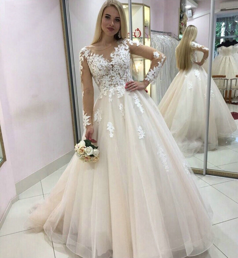 Scoop Neck A Line Long Sleeves Lace Wedding Dresses Appliques Sweep Train Corset Back Tulle Bridal Gowns-image-706562385