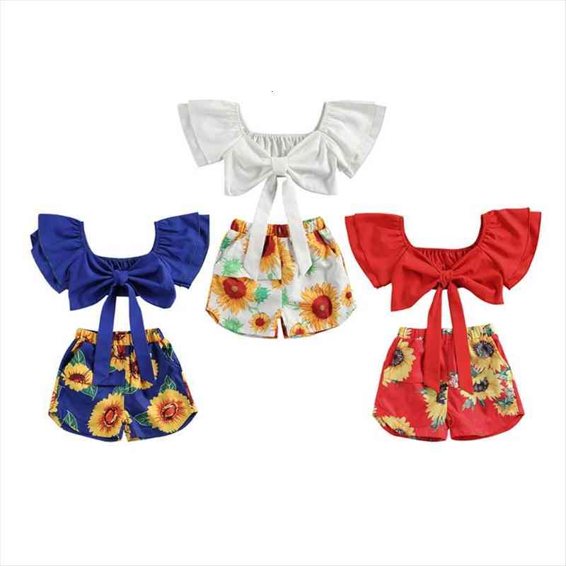 

1 6y summer lovely infant baby girls clothes sets bowknot solid off shoulder t shirts flowers print shorts, White