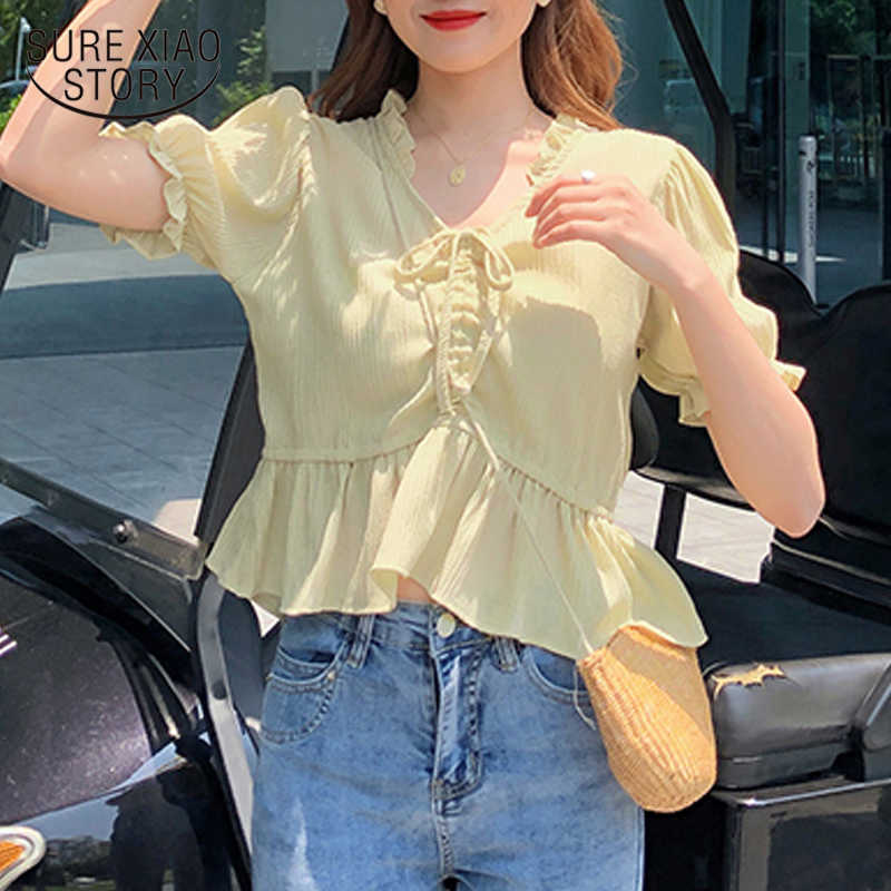 

Summer Short Sleeve Tops Female Solid Super Short Slim Shirts French V-Collar Drawstring Chiffon Shirt Slim Shirt 10029 210527, Orange